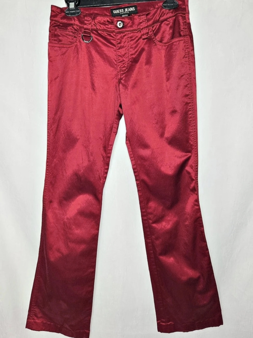 Y2K Guess Jeans Bright Red Satin Metallic Low Rise Boot Cut Pants Size 27
